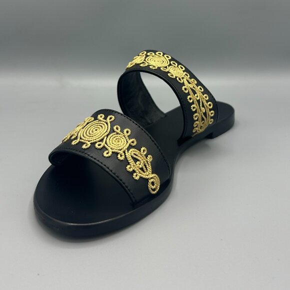 Black Leather Sandals with Gold Embroidery - Picture 2 of 4